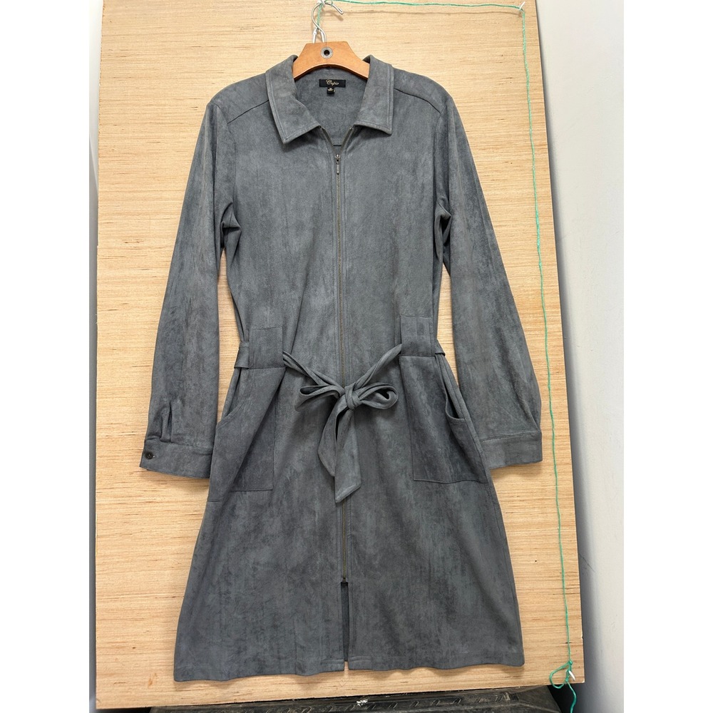 Cupio Womens Gray Faux Suede Full Zip Belted Long Sleeve Shirt Dress‎ Size 12